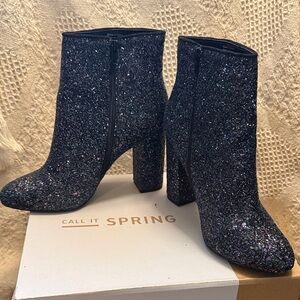 Call It Spring Black Glitter Chunky Heel Ankle Booties